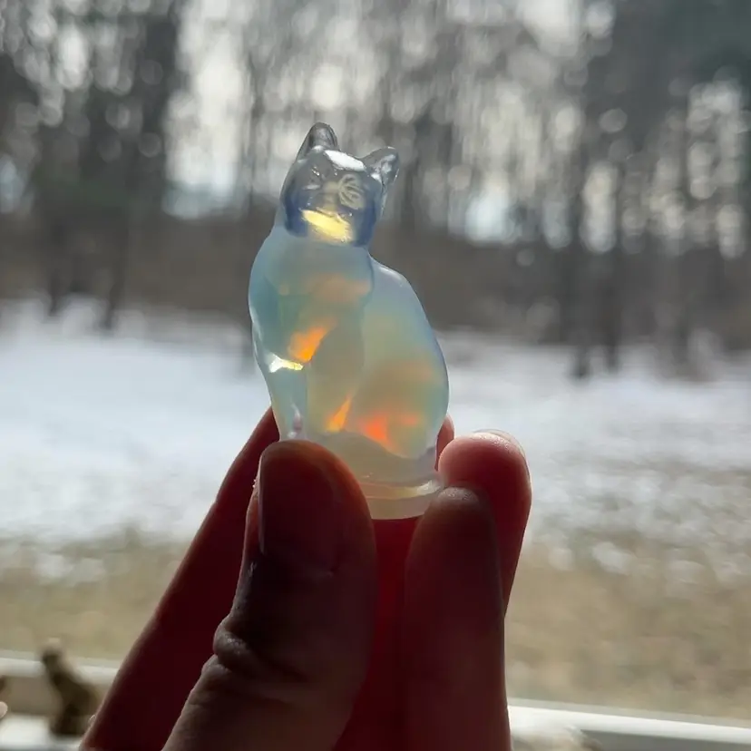 Sabino France Cat Figurine, Opalescent Glass Cat Miniature, Vintage Sabino Glass Cat Sitting, Hand Signed Sabino France Cat