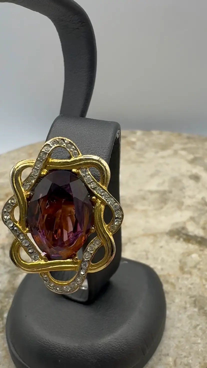 Vintage 1980s Amethyst Purple Glass Statement Clip-On Earrings, Gold-Tone Wavy Ribbon Rhinestone Halo, Unsigned Runway Couture Costume Jewelry