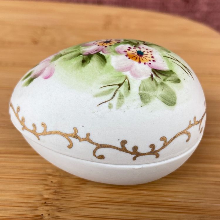 Trinket Box, Porcelain / Bisque, Floral Decorated, Egg Shaped. Made In Japan.