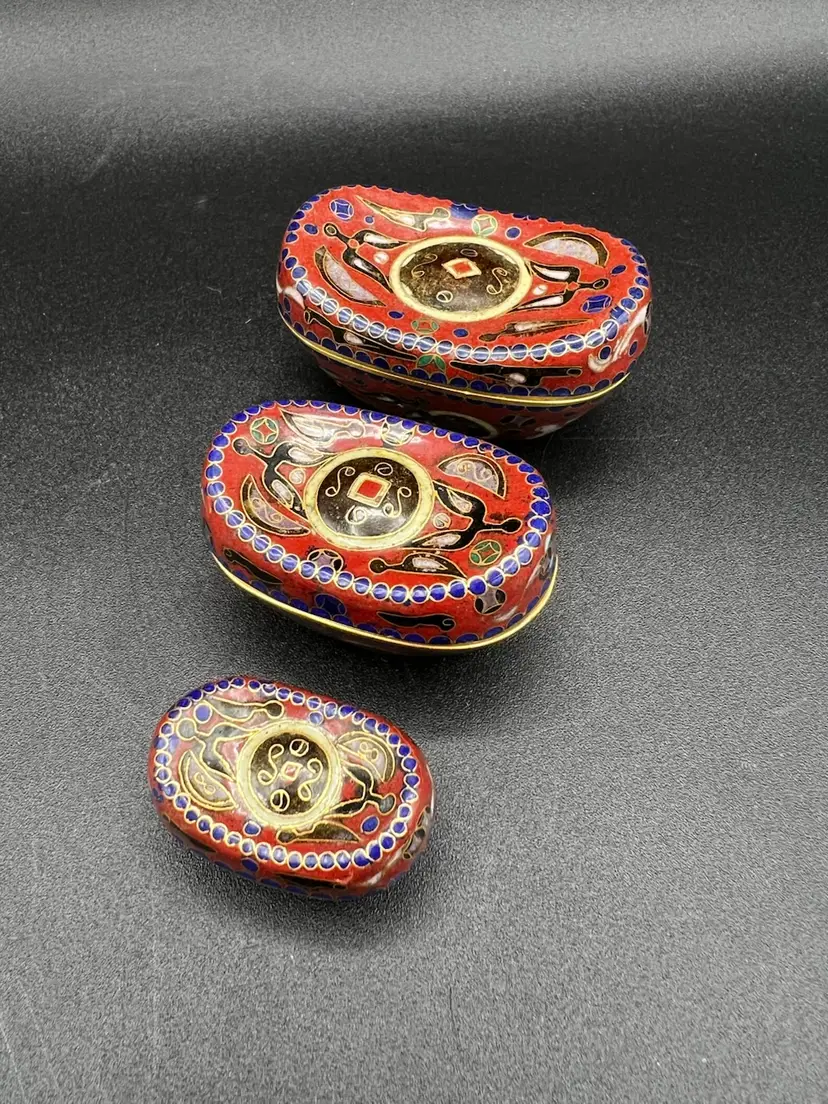 001. Unique Set Of Three Cloisonné Graduated Trinket Boxes
