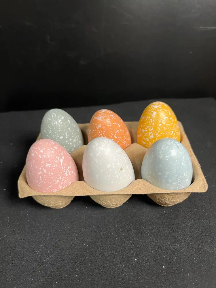 Contemporary Target Painted & Speckled Wooden Eggs in Carton-6 Eggs-Lot 53