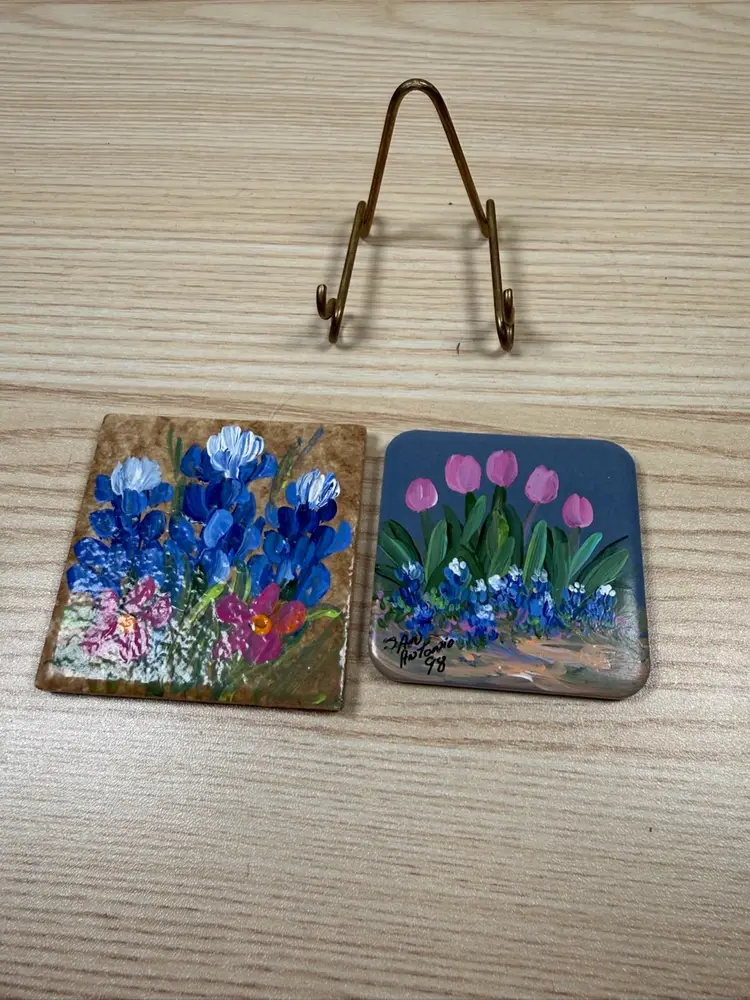 Mini Ceramic Hand Painted Floral Tiles with Brass Stand