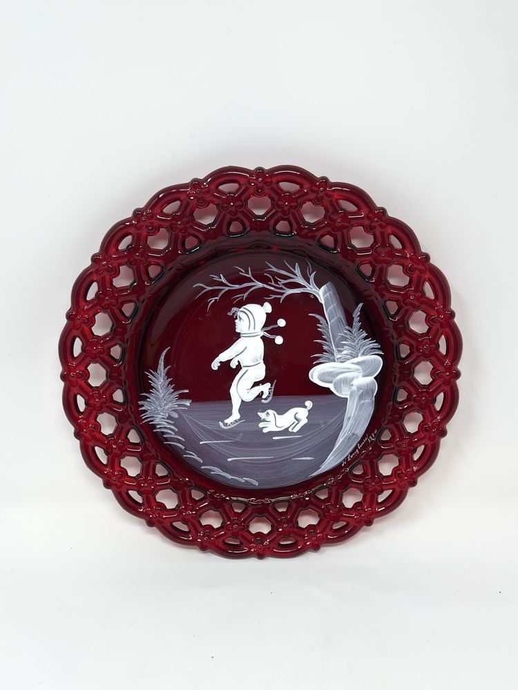 Ruby Red Westmoreland Glass Signed Christmas Plate, Hand Painted, Skating Boy Dog, Holiday Décor, 1980