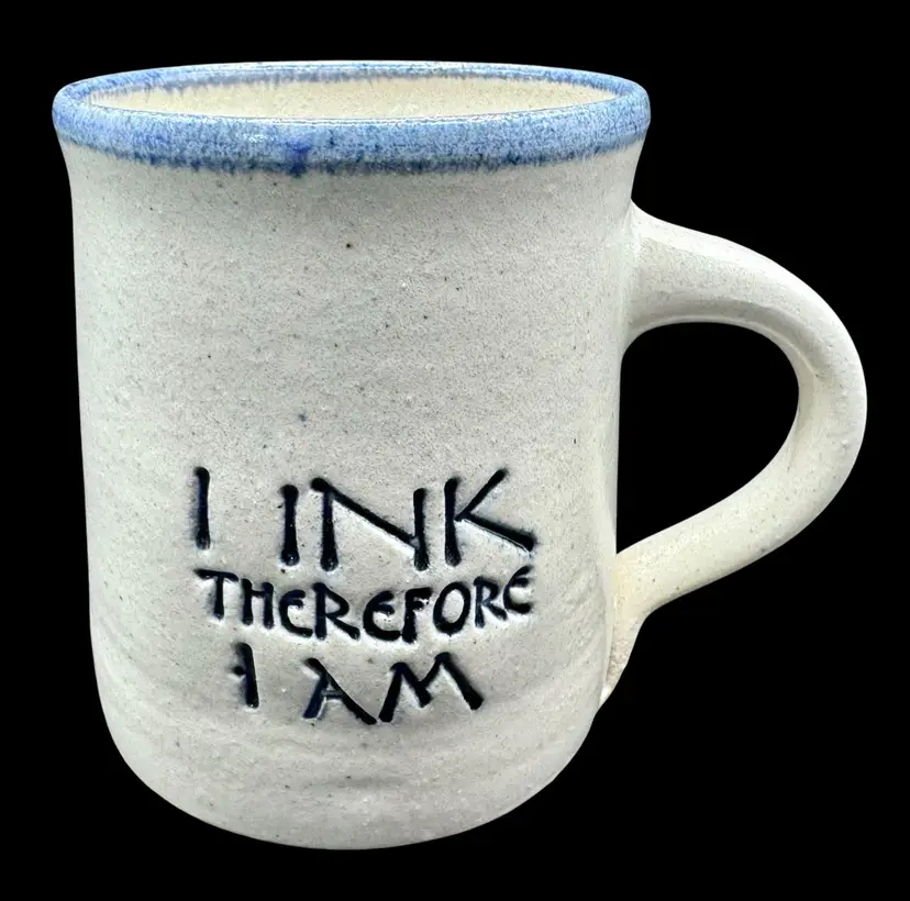 Signed Dave Kohl Pottery Mug I Ink Therefore I Am Blue White Tattoo Writer 14oz
