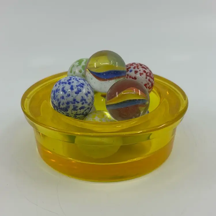 Yellow Glass Trinket Dish 4” With 9 Vintage Marbles