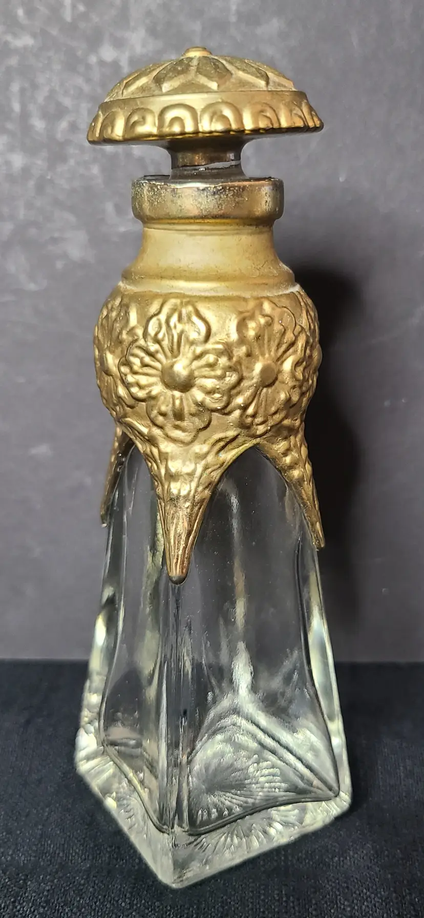 Vintage Silvestri Art Nouveau Square Base Perfume Bottle Gold-Tone Metal Overlay