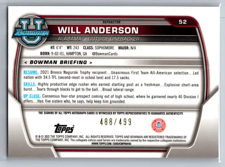 Will Anderson 2022 Bowman University Chrome 1st Bowman #52 Refractor /499 Auto
