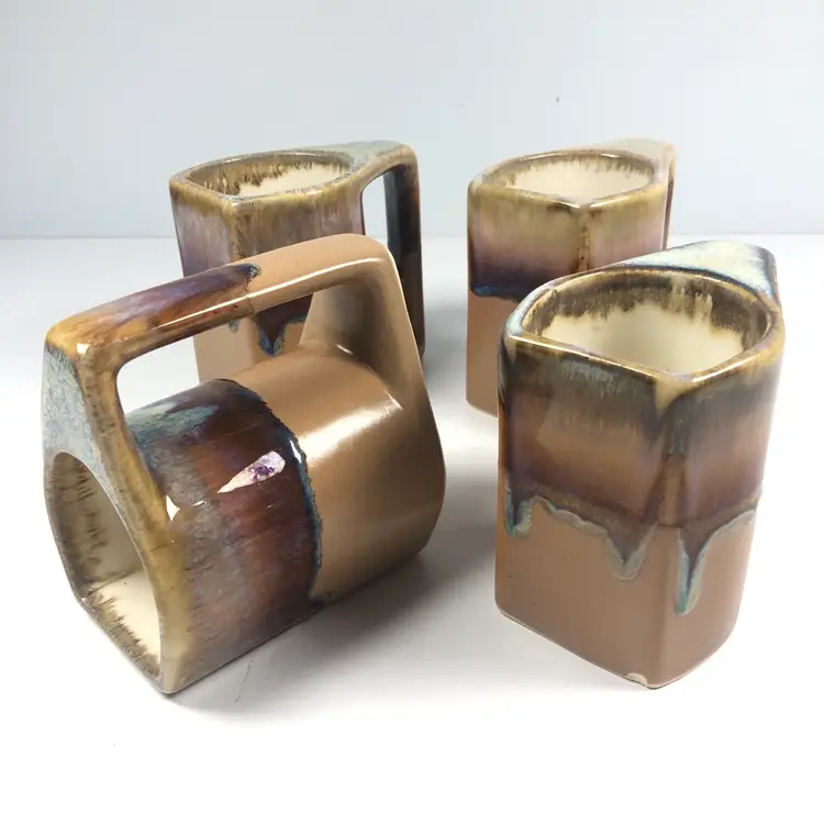Rodolfo Padilla Brown Drip Glaze Stacking Stoneware Mugs Set Of 4 NO STAND