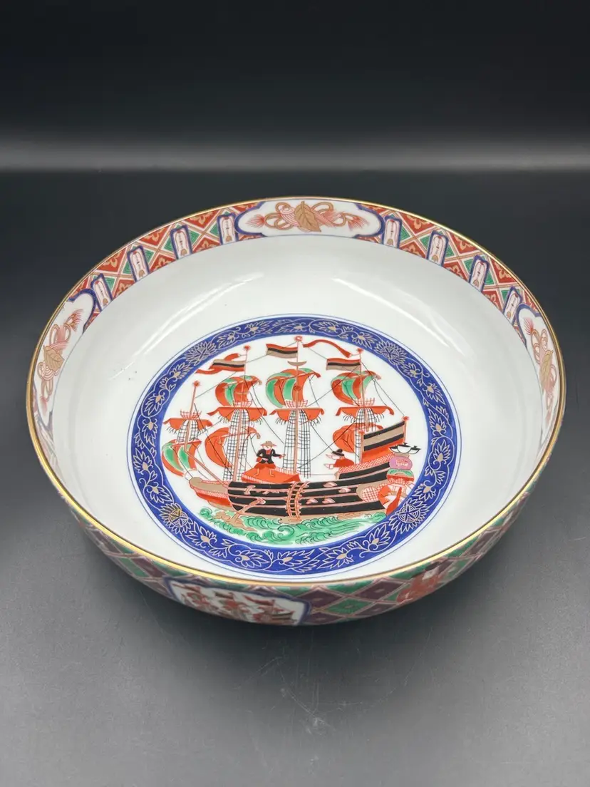 Vintage Japan, Asian Porcelain Large Serving Decorative Bowl Ship And Asian Figures design