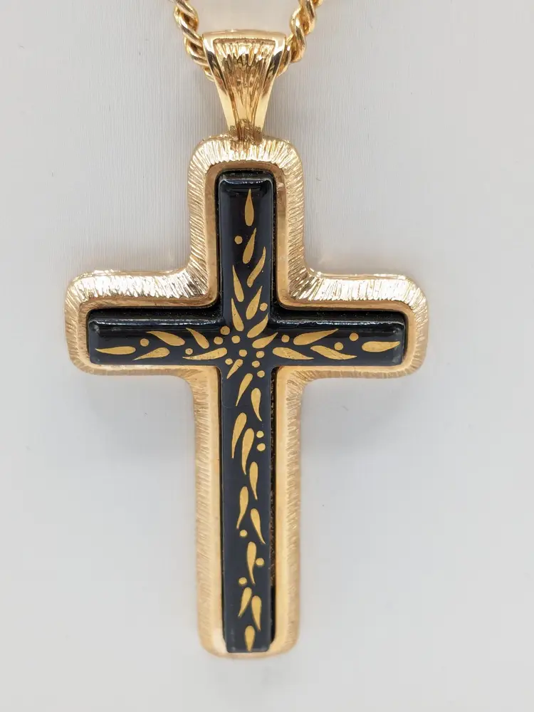 Vintage Sarah Coventry Cross Necklace Limited Edition 1978 Black with Gold Tone
