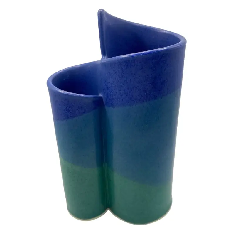 Vintage Studio Pottery Blue & Green Stripe Two-Ribbon Stoneware Vase, Artist Signed