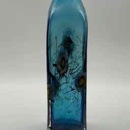 Herb A Thomas "HAT" Millefiori Style Blue Square Floral Art Glass Vase 9.25”