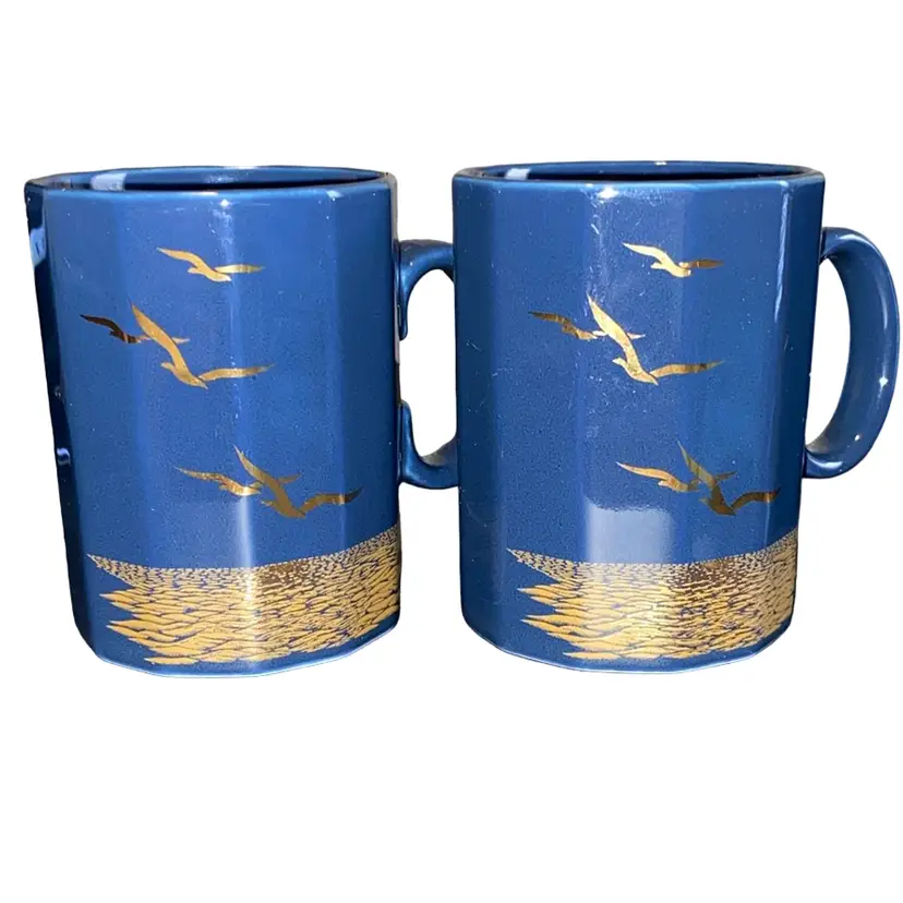 2 Vintage Otagiri Seagulls Cobalt Blue Gold Mug