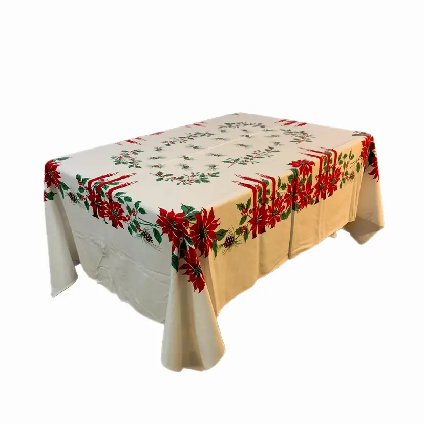Christmas Candles Poinsettia Cotton Tablecloth Pinecones Holly Vintage MCM