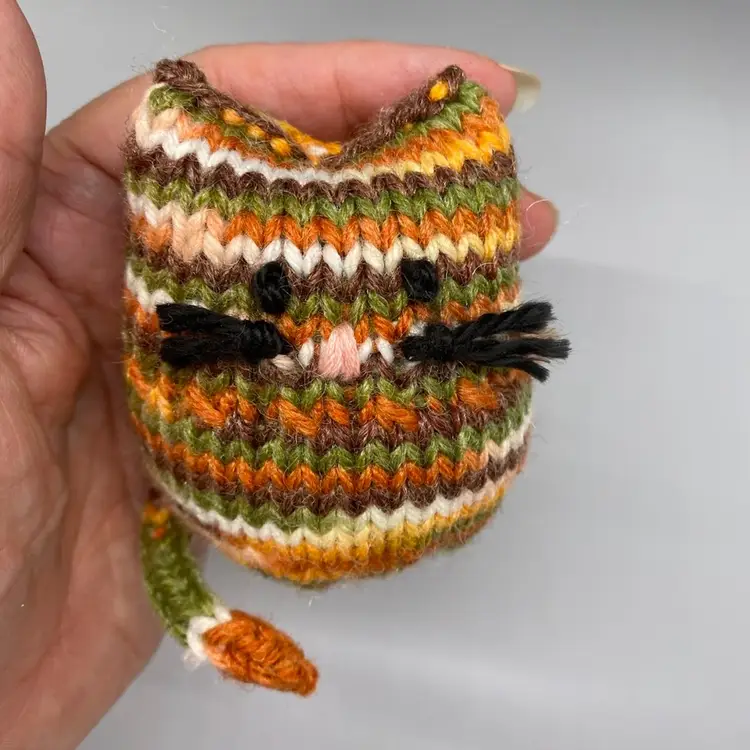 Hand Knit Autumn/Fall Color Stripes Mini Stuffed Cat Shelf Sitter