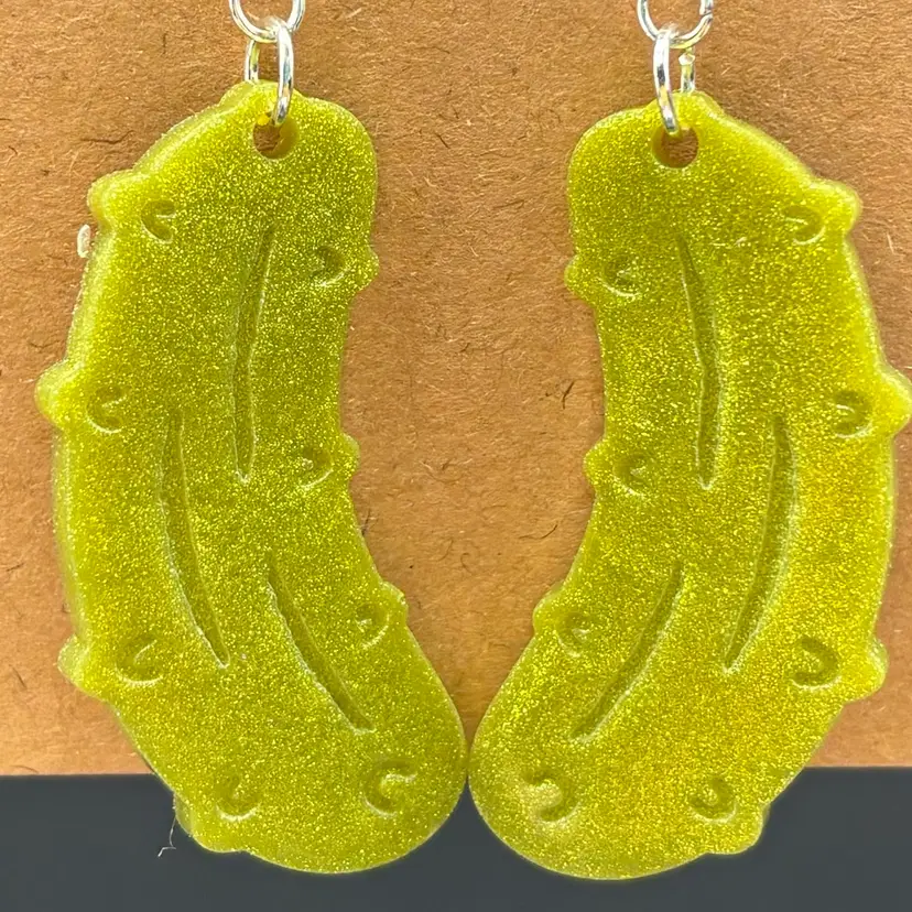 Olive Green Shimmery Sparkly Pickle Dangle Earrings - Made By Me