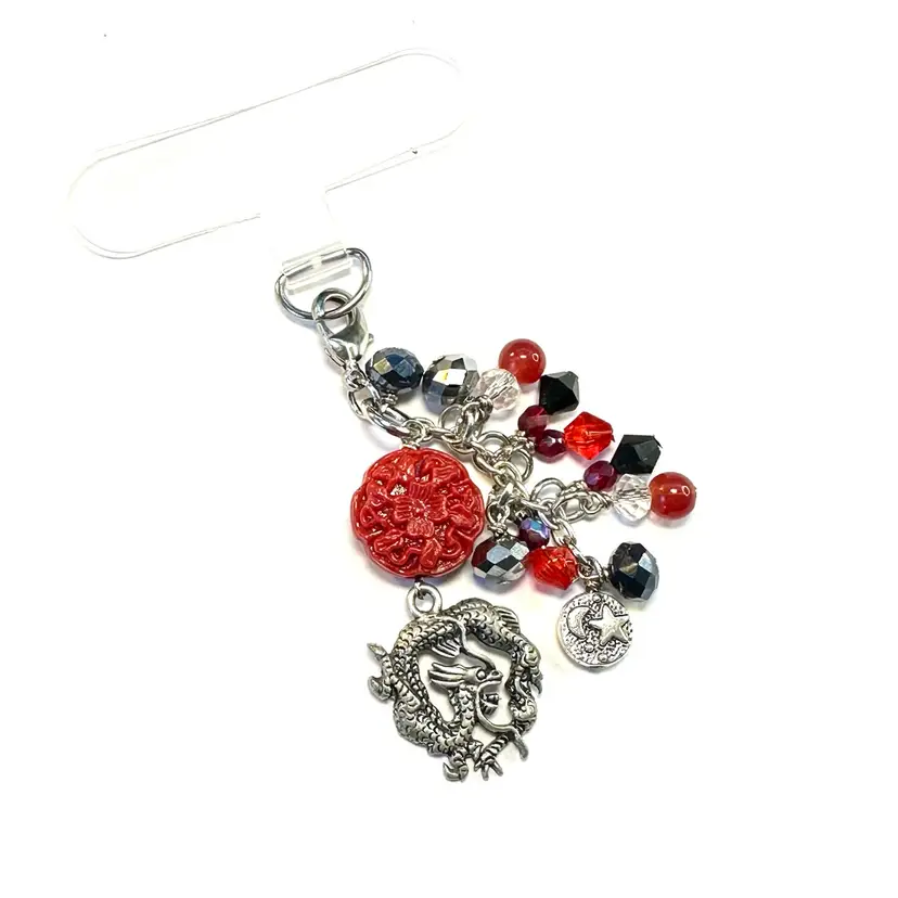Dragon Charm Faux Cinnabar Glass Beaded Phone Charm Repurposed Jewelry Made By Me 2.5”