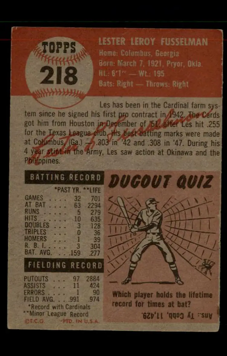 1953 Topps #218 Les Fusselman - (pk-tl1) - St. Louis Cardinals