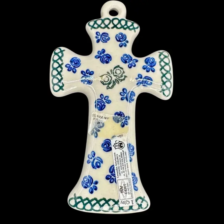 Boleslawiec Polish Pottery Christian Cross Handmade Blue Green Floral Butterfly Cross 7 1/4”