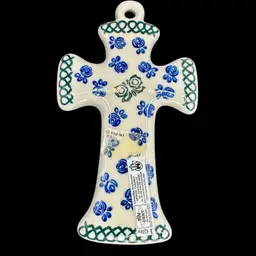 Boleslawiec Polish Pottery Christian Cross Handmade Blue Green Floral Butterfly Cross 7 1/4”