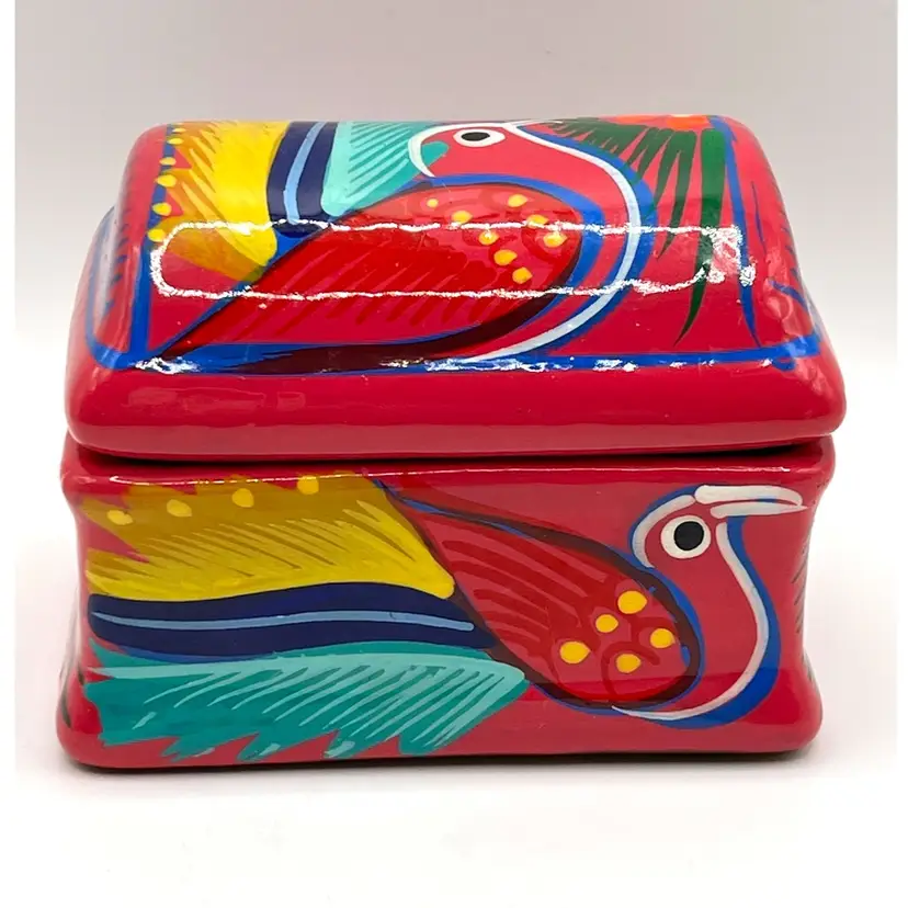 Talavera México Folk Art Redware Ceramic Pottery Hand Painted Trinket Jewelry Box Birds & Flowers Design 2.8 in Height
