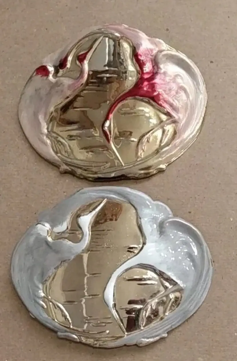 2 VTG Charmant Beverly Hills Birds Cranes Belt Buckles Enamel Red White Metal