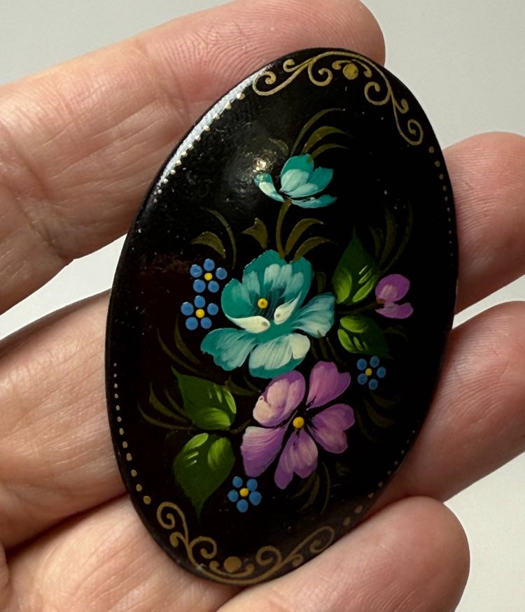 Vintage Russian Lacquer Wood Brooch Folk Art Miniature Signed Hand Painted Blue & Purple Floral