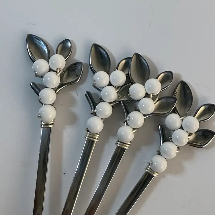 Set Of Spoons: White Beads Match Milk Glass Pieces