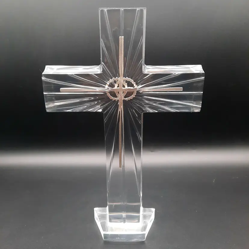 Tabletop Standing Clear Acrylic Cross Figurine with Silver Cross & Entwined Wedding Rings Inside