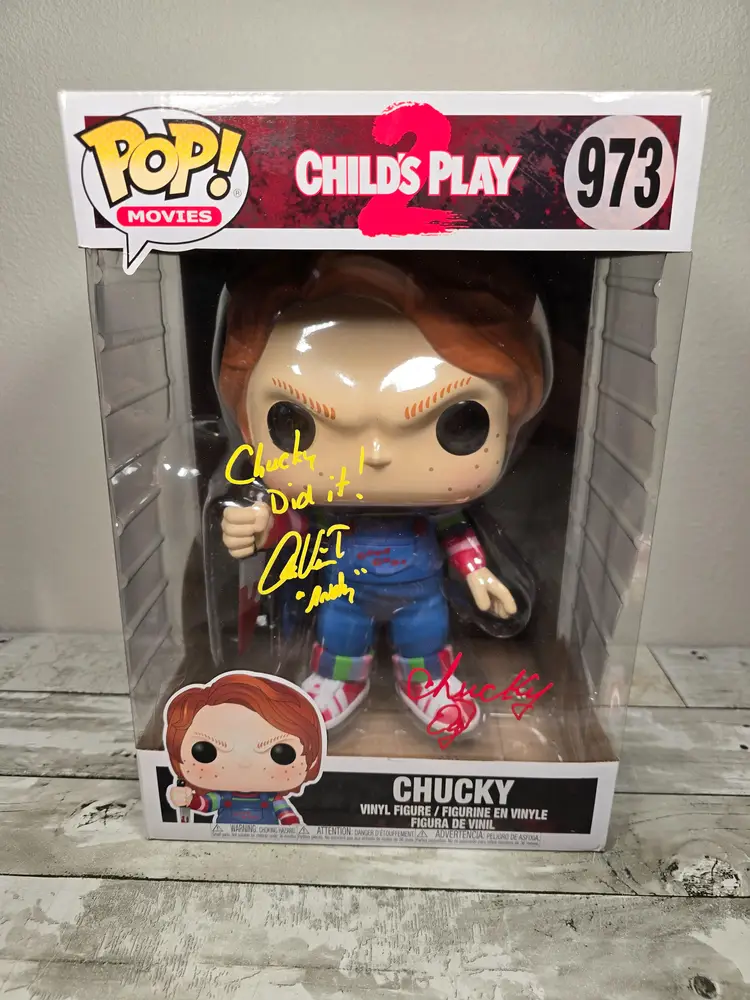 CHILD'S PLAY 2 Ed Gale & Alex Vincent Signed & Inscribed Jumbo Funko Pop #973 Chucky Beckett COA