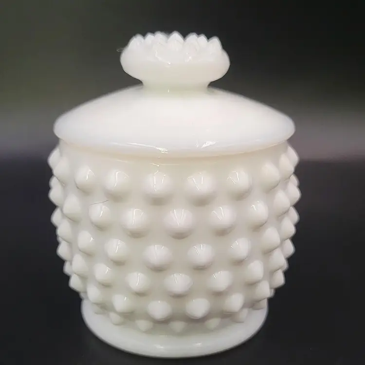 Vintage Fenton Milk Glass Hobnail Covered Mustard With Spoon