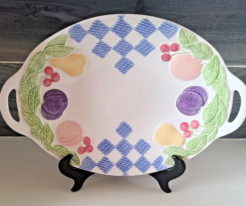Treasure Craft Hopscotch Fruit Pattern 15" Oval Serving Platter with Handles USA