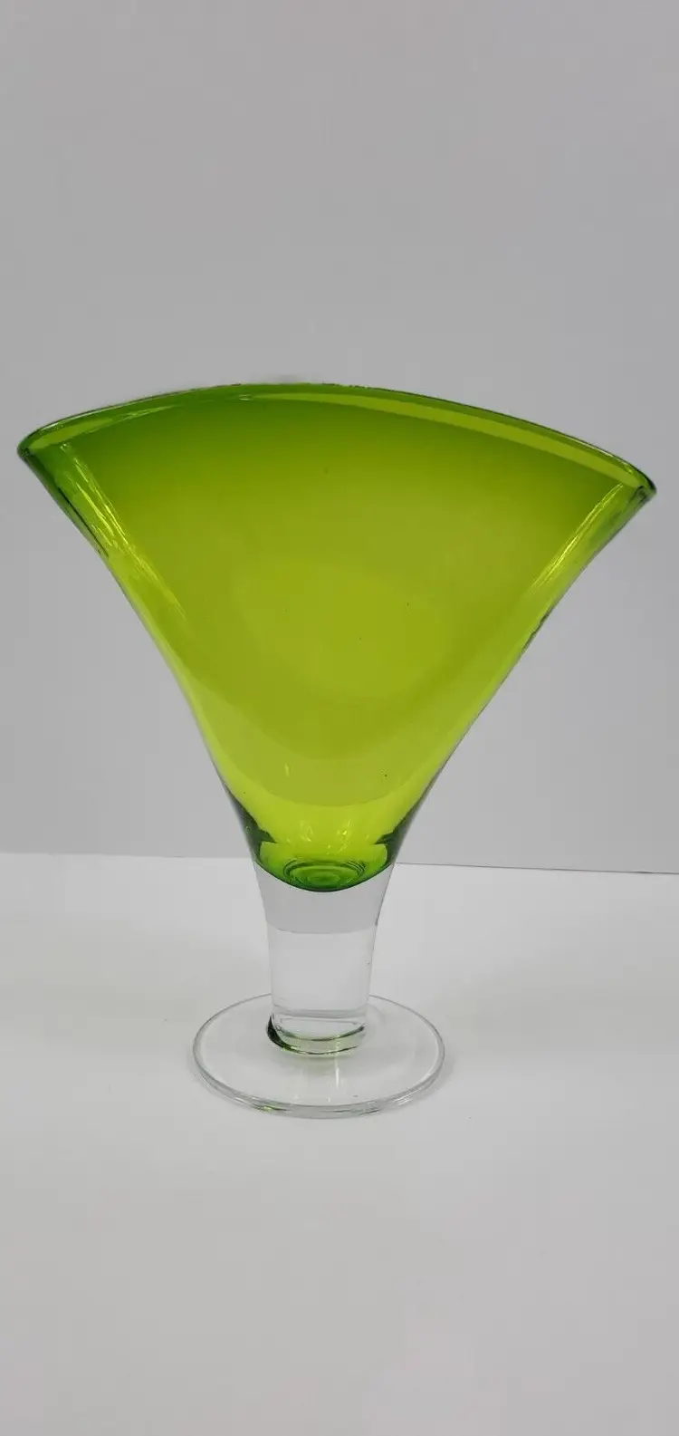 Vintage Lime Green Art Glass Fan Shaped Vase 11" Tall