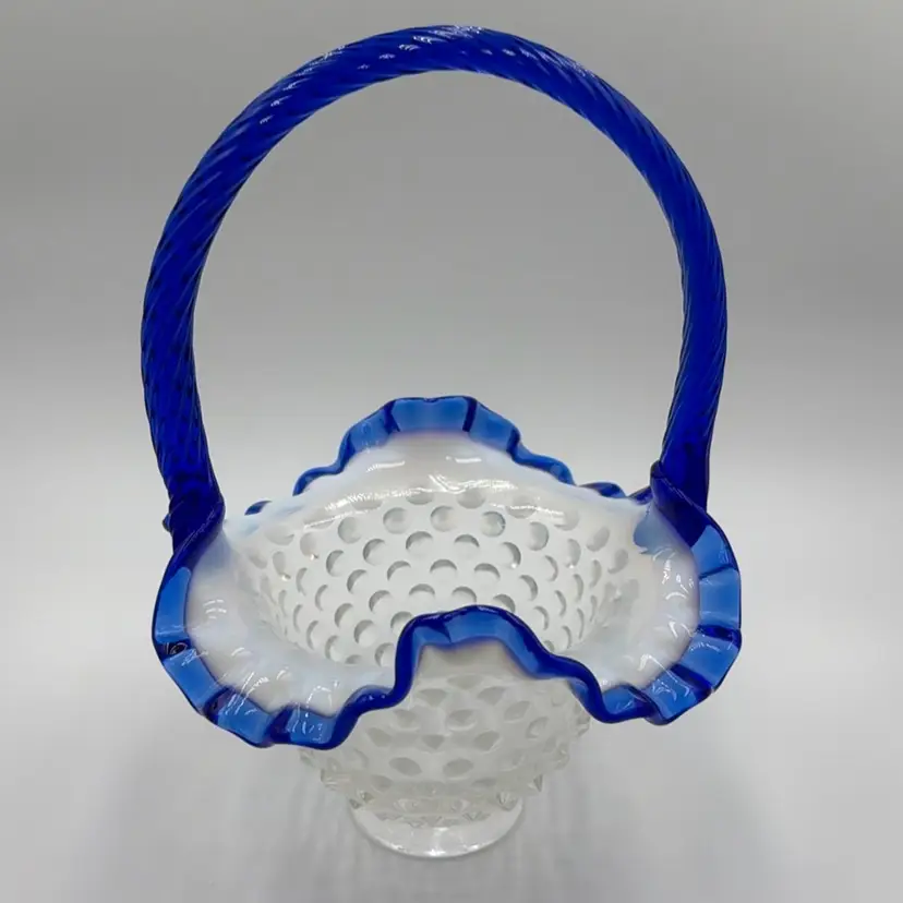 Fenton Sapphire Blue Crest Opalescent Hobnail Ruffle Top Basket