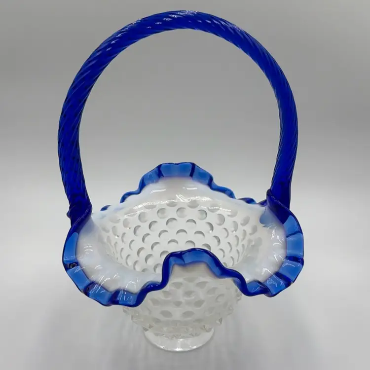 Fenton Sapphire Blue Crest Opalescent Hobnail Ruffle Top Basket