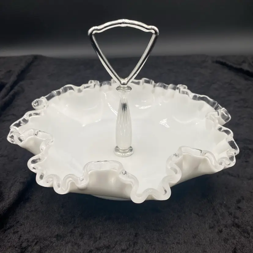 Vintage (60s) Fenton Silver Crest Candy/Bon Bon Dish with Handle, Ruffled, #7498