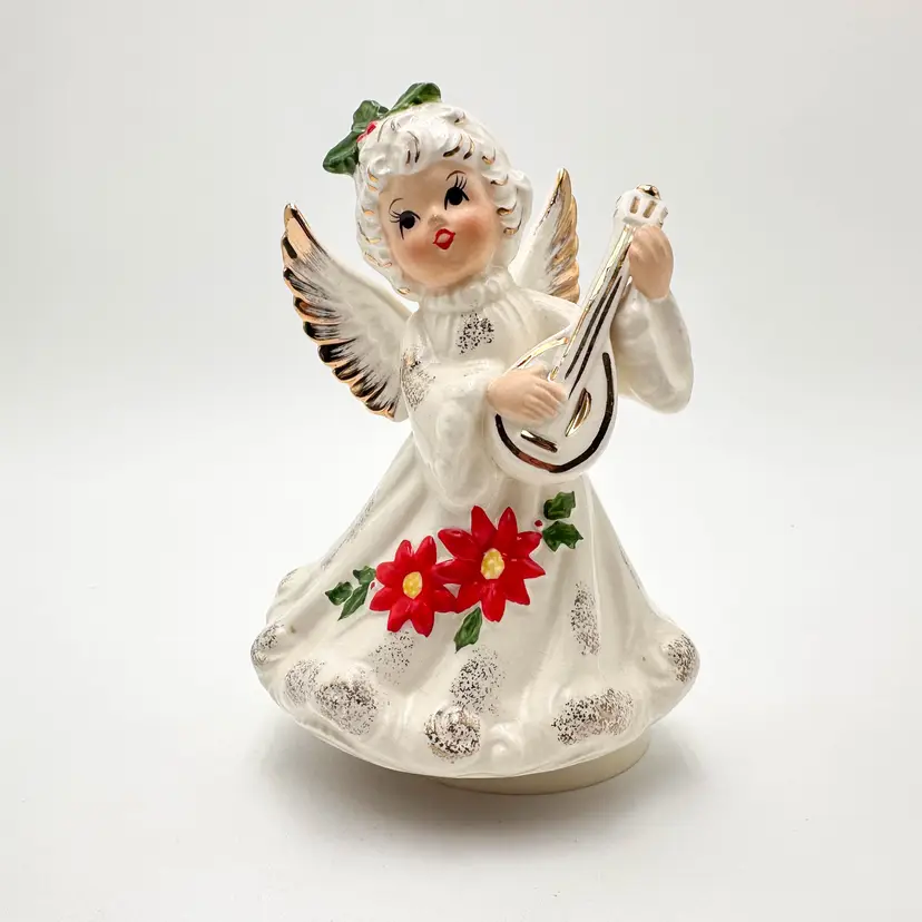 Vintage Christmas Angel Music Box Poinsettia Gold Accent Japan 6"H 4"W B25