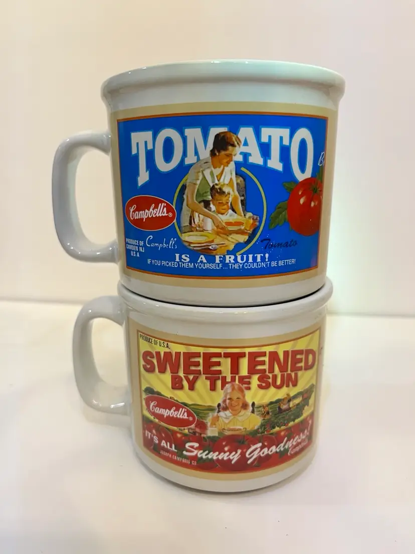 2 - Vintage Advertising Campbell's Soup Mugs / Cup “Delicious Tomato” &  “Sunny Good” 