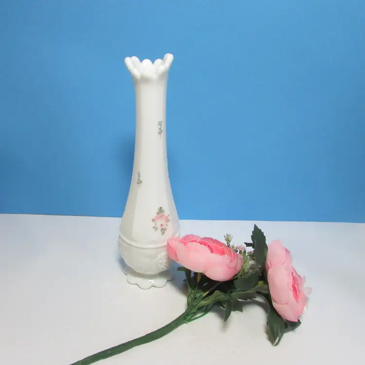 vintage floral milk glass swung vase 10 1/2" tall Westmoreland with pink flowers