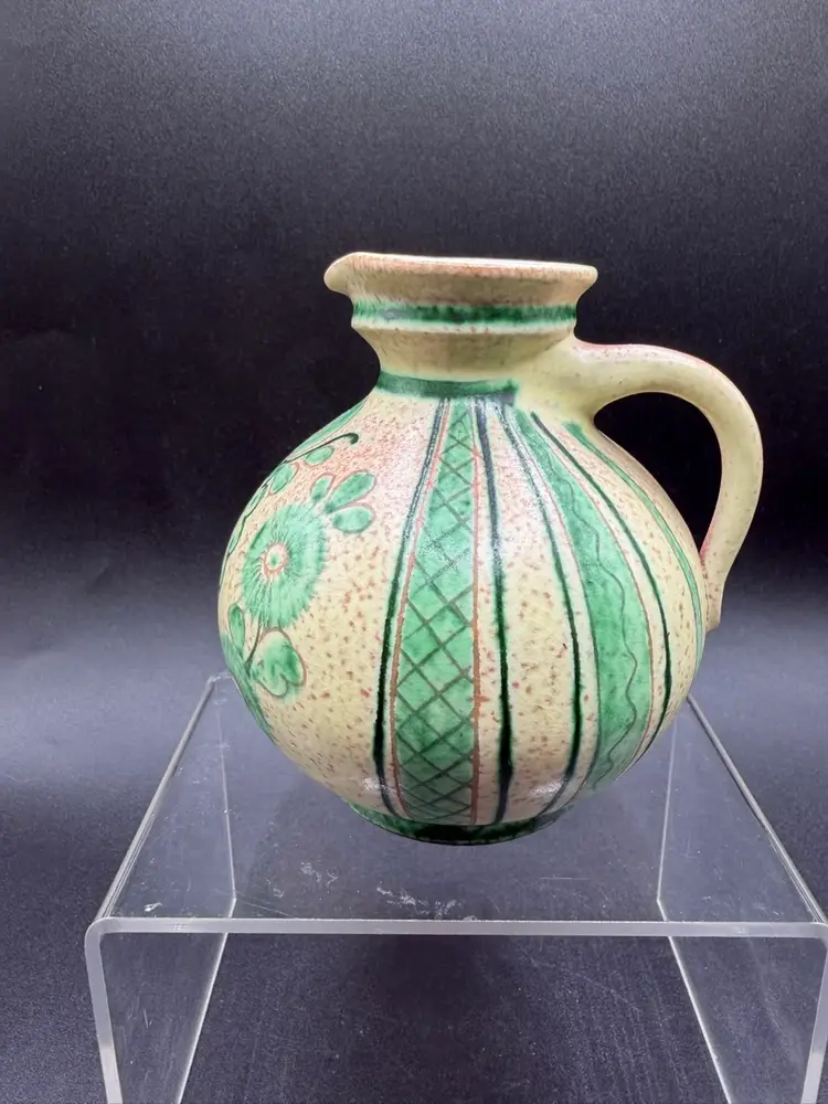 MCM Wilhelm Kagel West German Pottery Mini Jug Pitcher Green Yellow Flowers