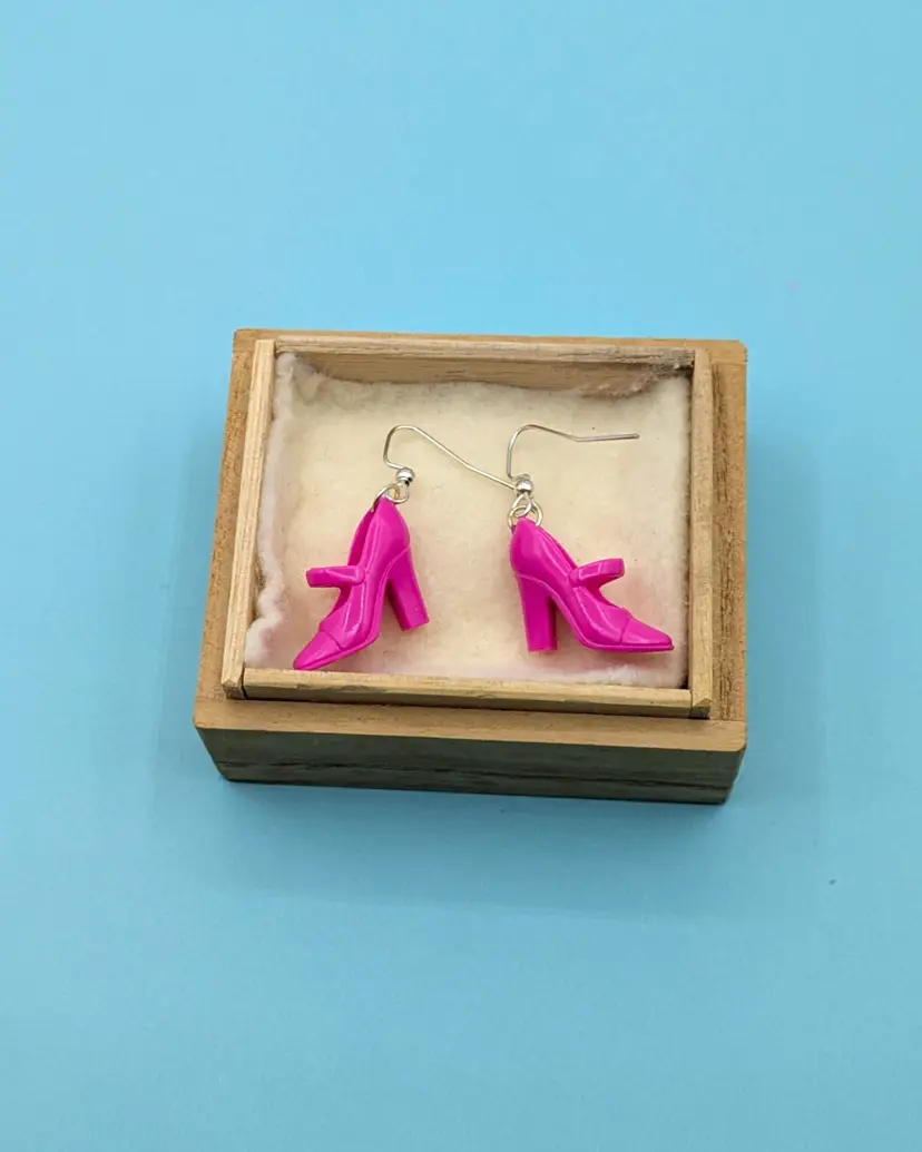 Playful Magenta Pink Mary Jane Barbie High Heel Shoe Dangling Earrings