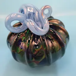 Hand Blown Art Glass Pumpkin Dark Green Body Iridescent Acents Blue Stem