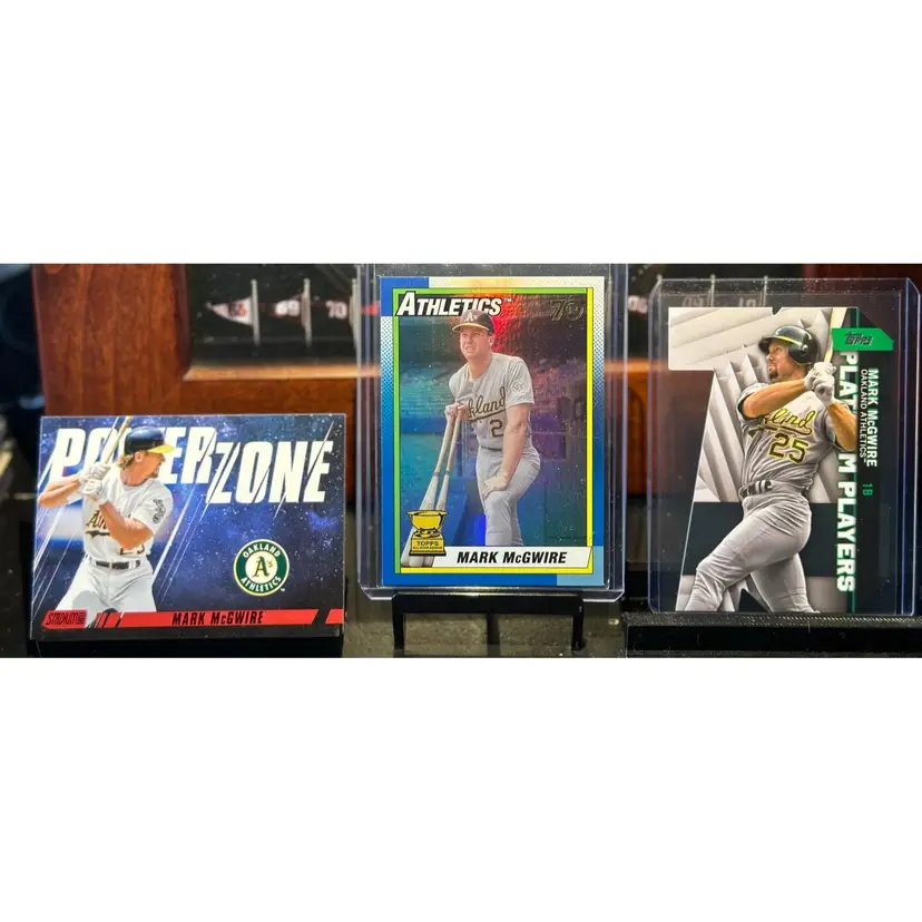 Mark McGwire Oakland Athletics / Oakland A’s lot: 2021 Die Cut /299, 2021 Topps All Star Rookie Cup Rainbow Foil Image Variation SP, & 2022 Stadium Club Red Foil Insert