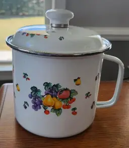 White Enamelware Pot w/lid Fruit Motif Vintage