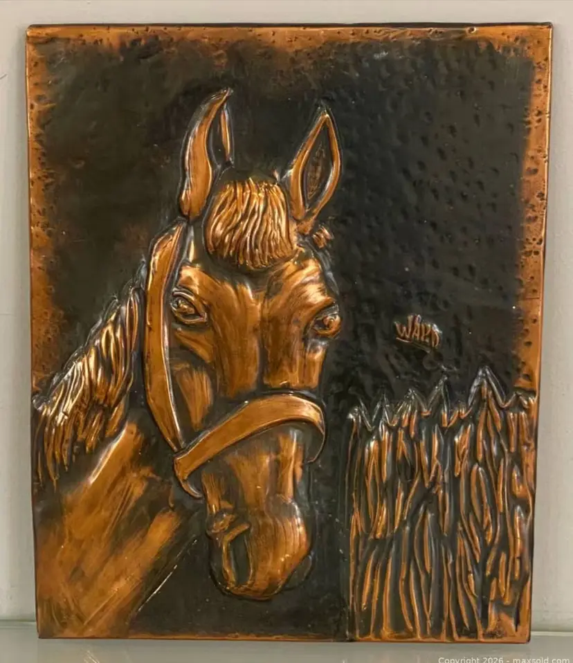 Vintage Hammered Copper Relief Wall Art Plaque Horse Head 1970 Signed Ward