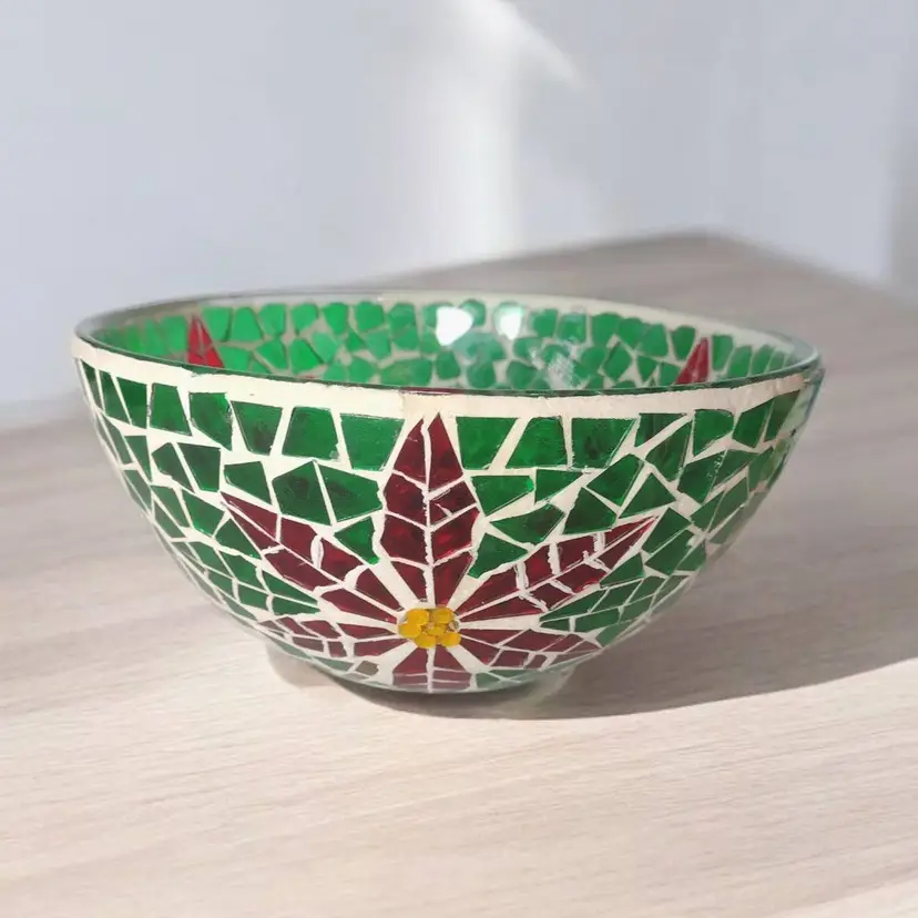 Mosaic Stained Glass Poinsettia Serving Bowl Christmas Holiday Decor Vintage