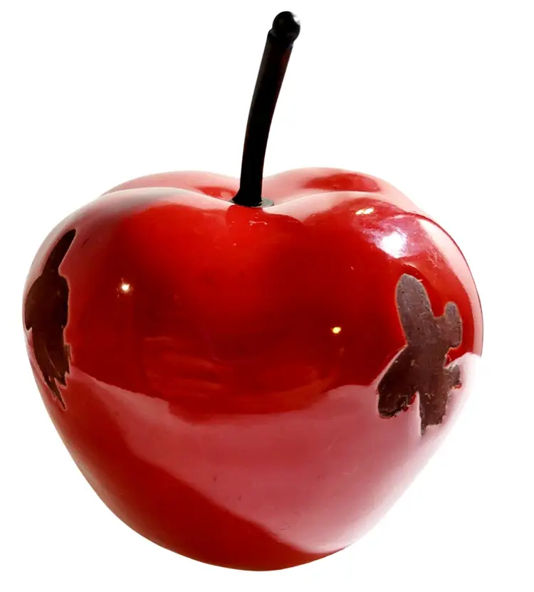 Vintage Red Enamel Over Metal Folk Art Apple Sculpture Signed Decorative Piece