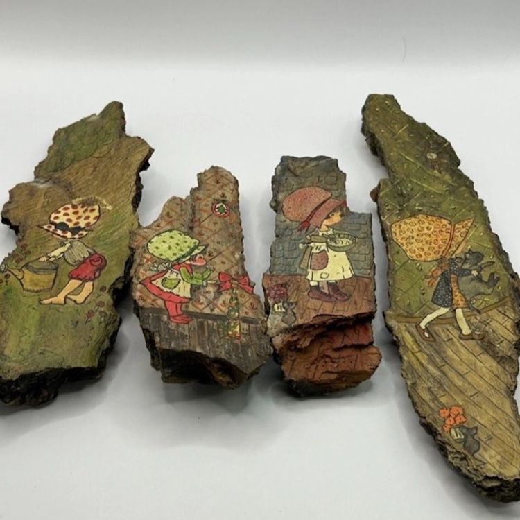 Vintage Folk Art Painted On Tree Bark For Wall Hanging