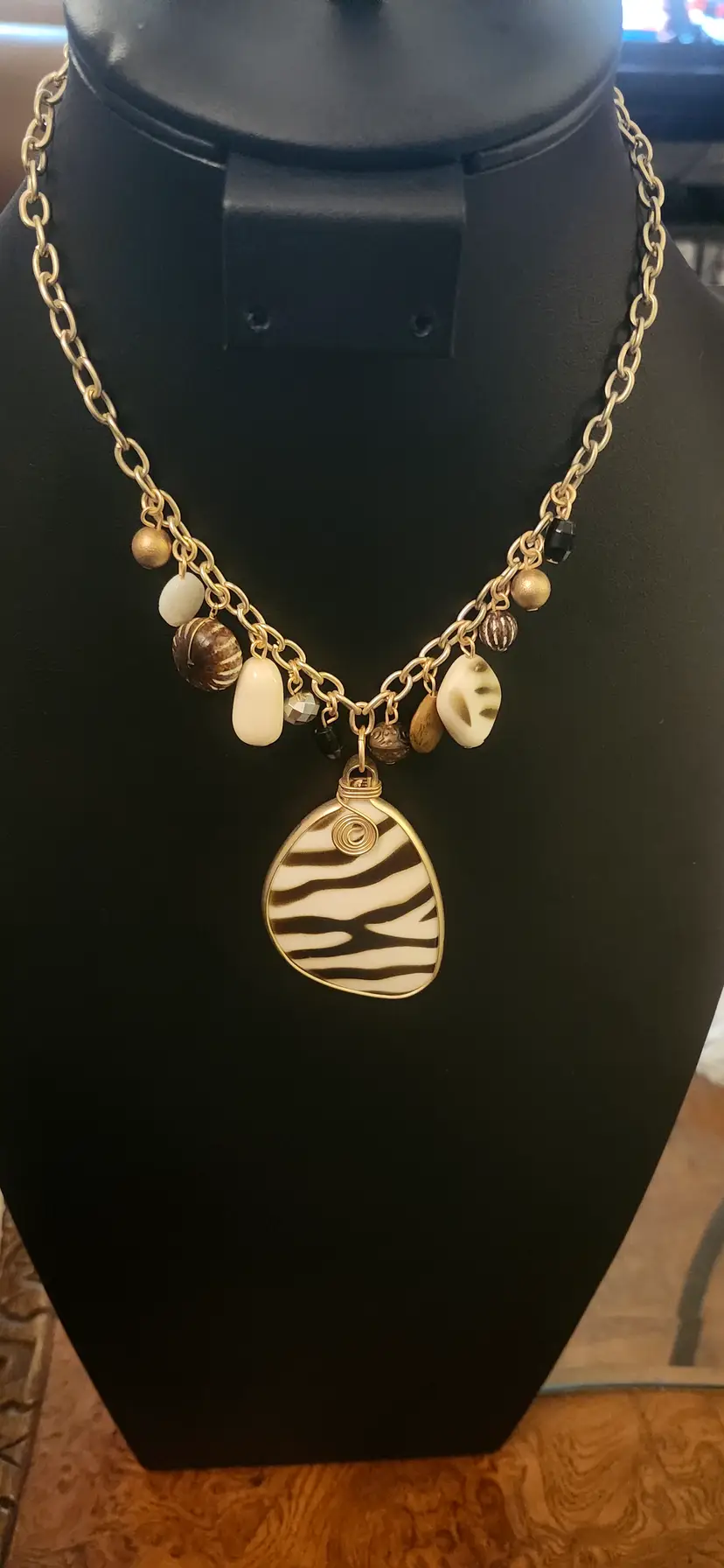 Zebra Print Pendant Necklace Genuine Lucite.