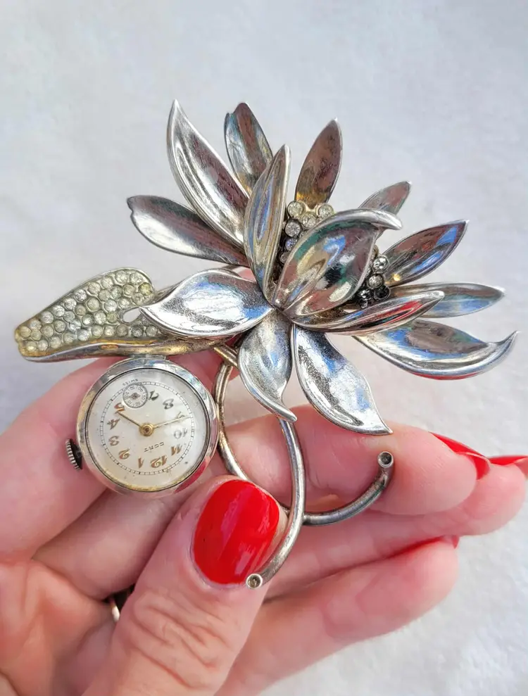 Vtg 40s Sterling Silver Cort Floral Rhinestone Brooch Mechanical Watch - Works!